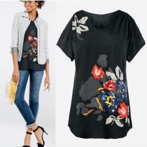 CAbi 5020 Fiore Top Black Sheer Vneck Tunic Blouse with Flowers Floral Small